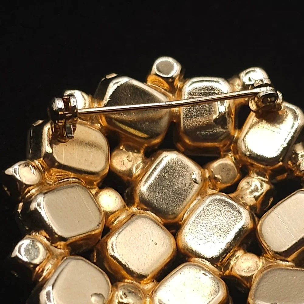 Vtg Frosted Glass Aurora Borealis Rhinestone Brooch Statement Gold Tone Wedding